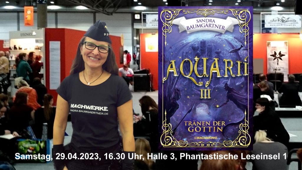 Werbebanner Lesung auf der Leipziger Buchmesse Aquarií Phantastische Leseinsel 1 Halle 3 Sandra Baumgärtner