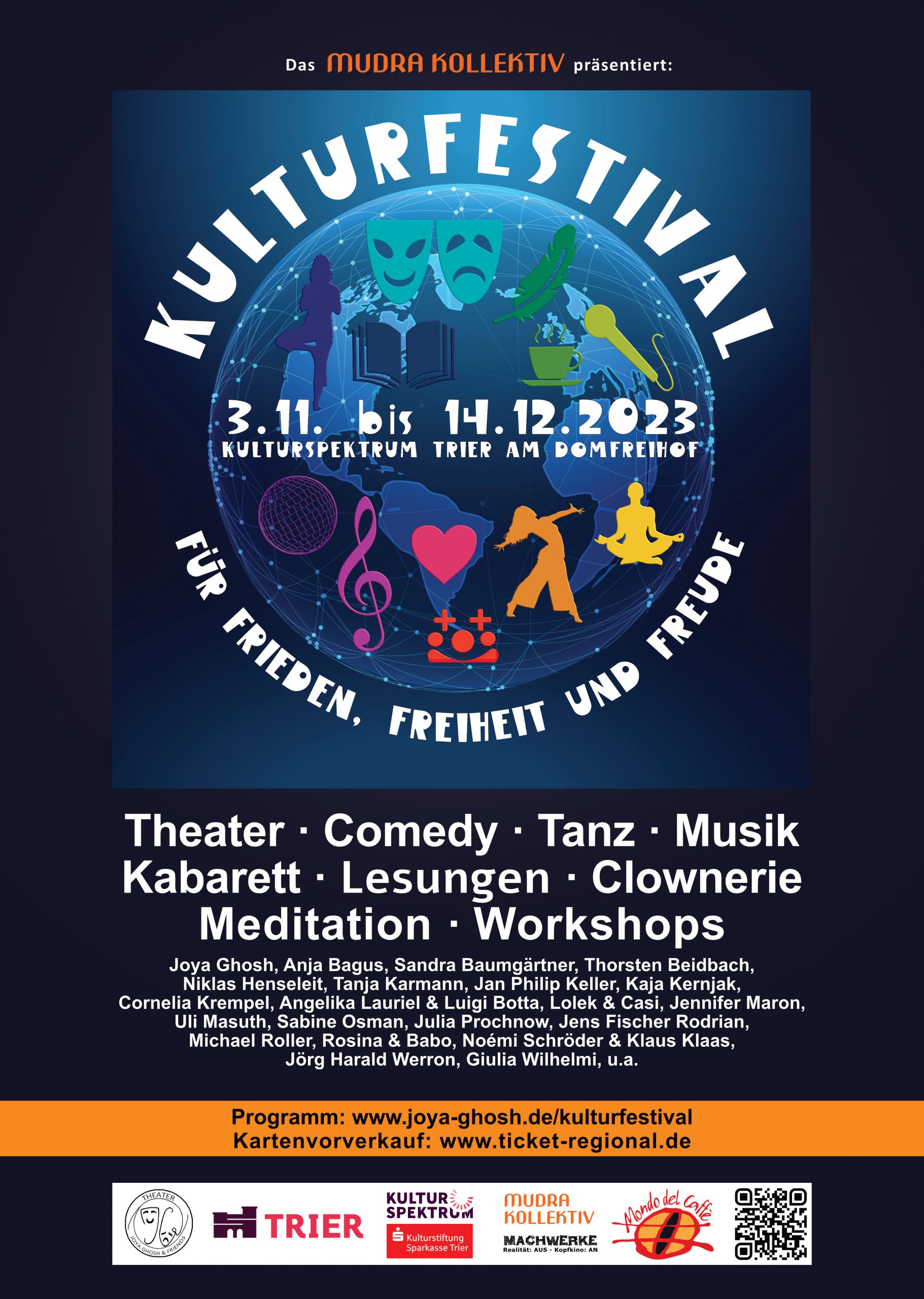 Plakat für das Festival für Frieden, Freiheit und Freude in trier, Domfreihov vom 3.11.2023 bis 14.12.2023 mit Theater, Comedy, Tanz, Musik, Kabarett, Lesungen, Clownerie, Meditation, Workshops